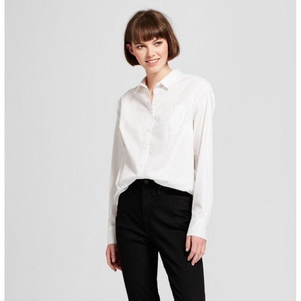 A New Day White long Sleeve Button Down Cotton Shirt Blouse Size M
